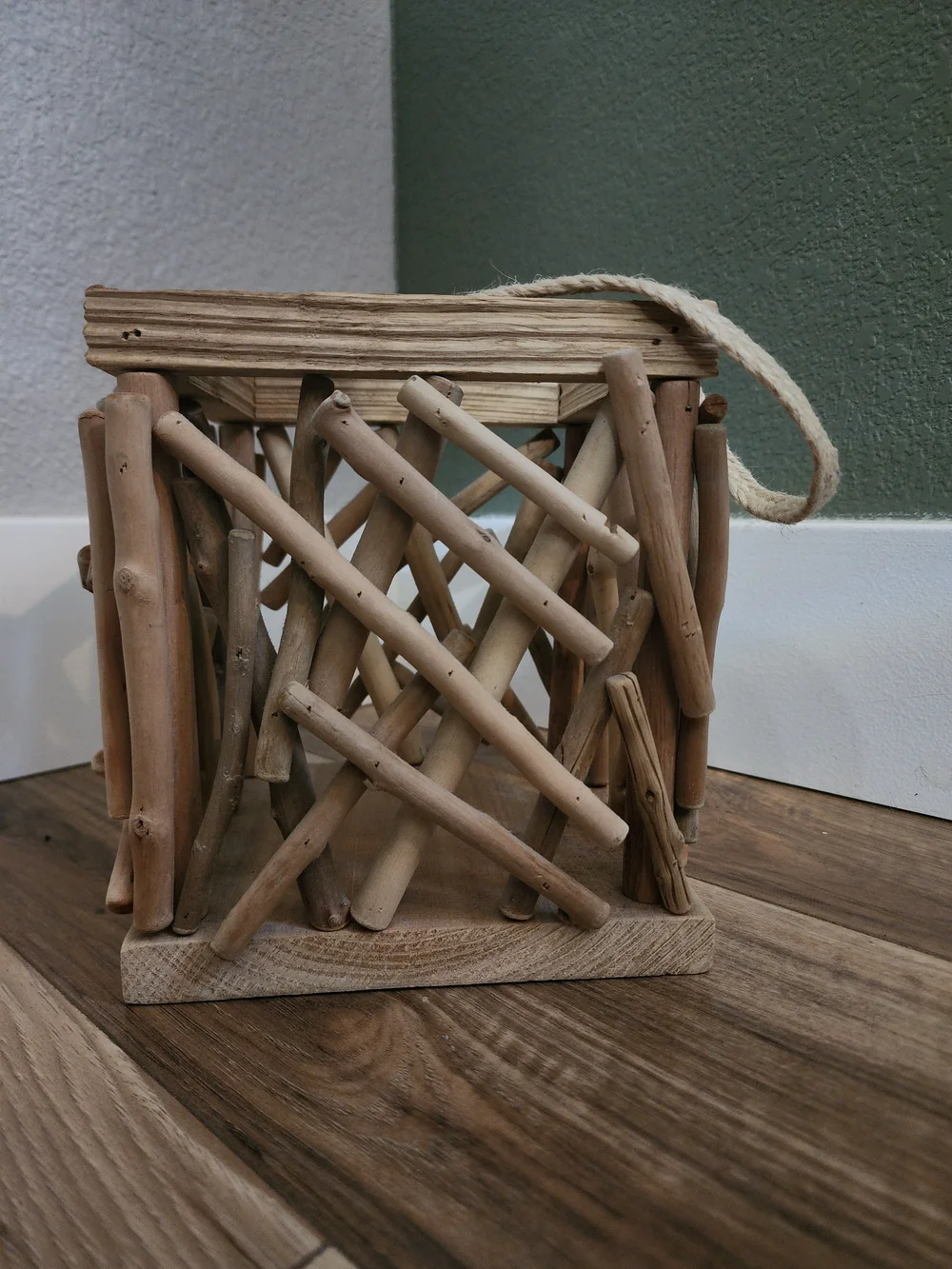 Rustic Natural Wood Lantern with Rope Handle - Home Accents